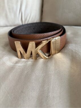 Michael Kors Reversible Logo & Brown Leather Belt with Gold MK Buckle